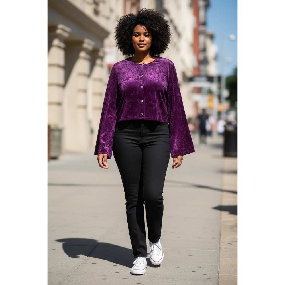 Zara Purple Jacquard Floral Cropped Blouse Bell Sleeve Rhinestone‎  Y2K Style